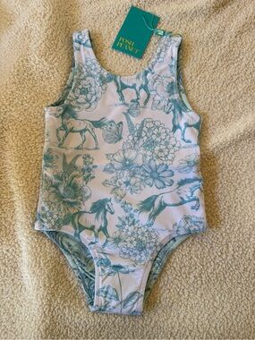 Posh Peanut charlotte Teal Horse & Floral One-Piece reversible new! 3T